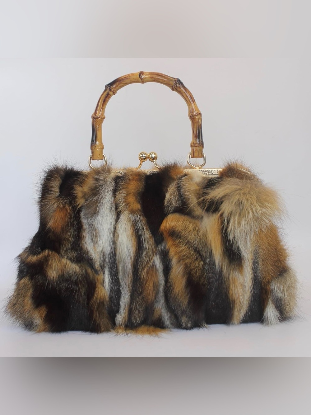 Genuine Fox Fur Handbag Dark Brown Natural Patchwork Gold Kisslock Bamboo Handle